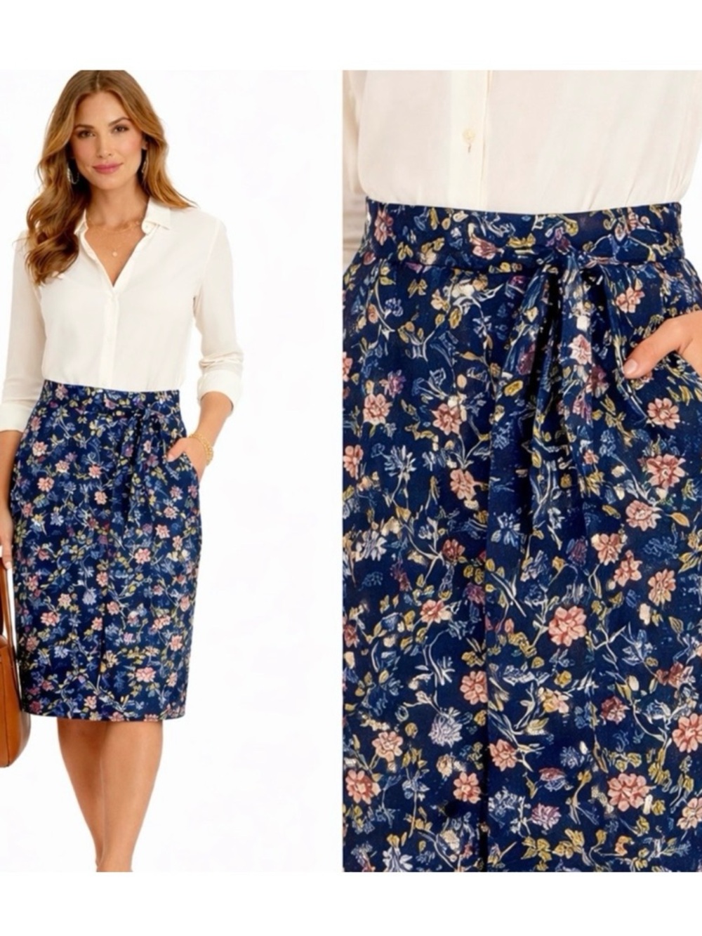 NWT Lauren Ralph Lauren Floral Button Front Tie Waist Midi Pencil Skirt Sz 8💛